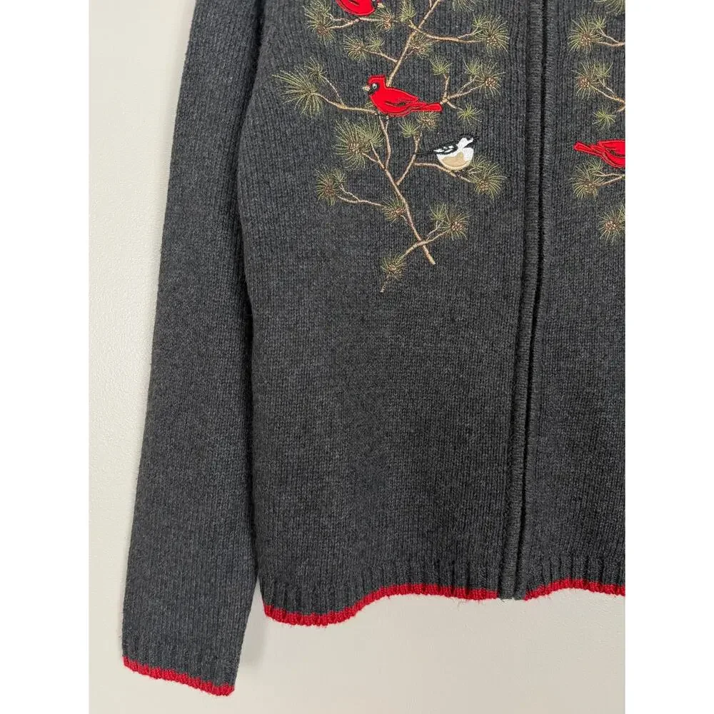 Croft & Borrow Bird Embroidered Sweater Jacket Gray XL Petite Cardinal - Picture 5 of 9